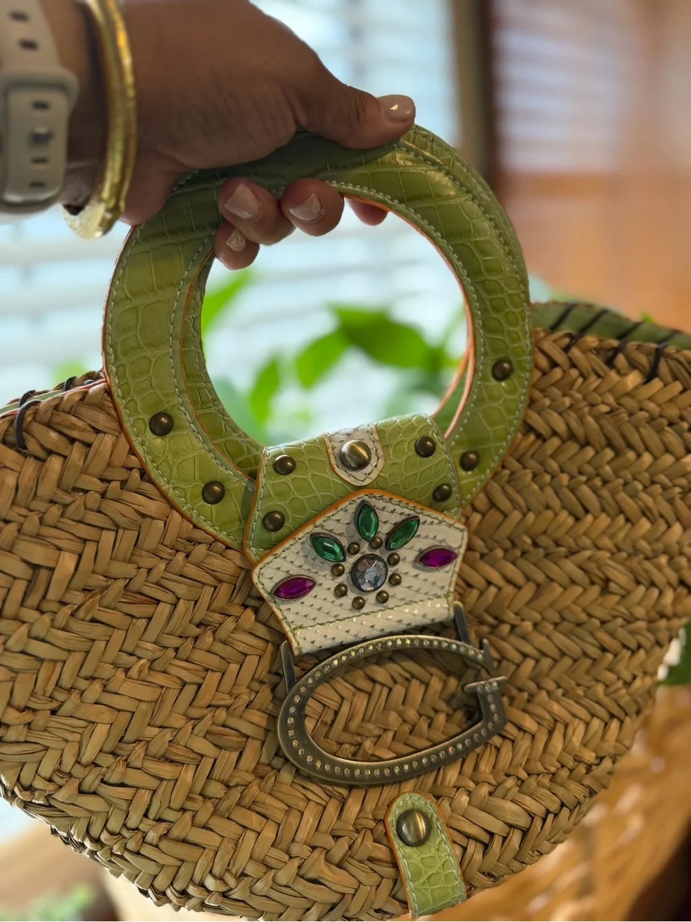 Jeweled Buckle Woven Straw Handbag Green Faux Croc Y2K Boho Purse